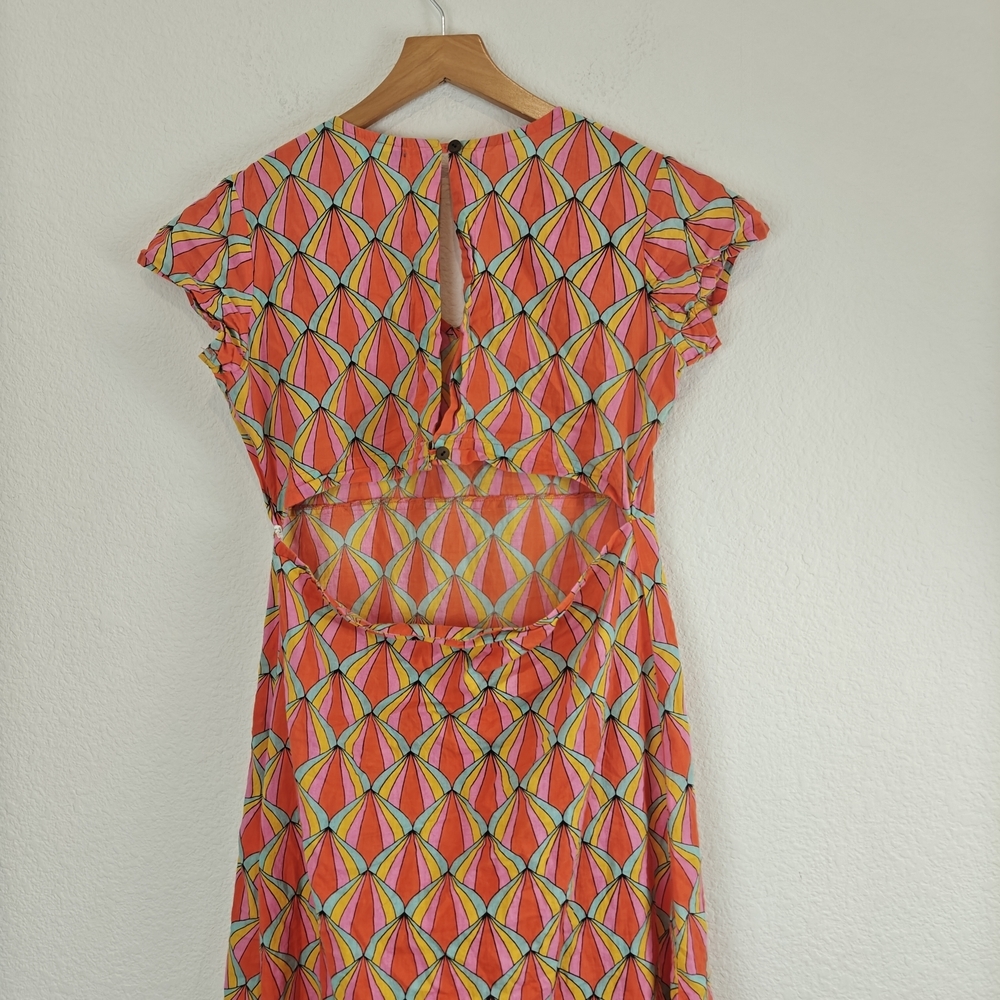 Kalimera Scalloped Geometric Cotton V-Neck Open Back Dress S/M Chic Summer Midi - Picture 11 of 16